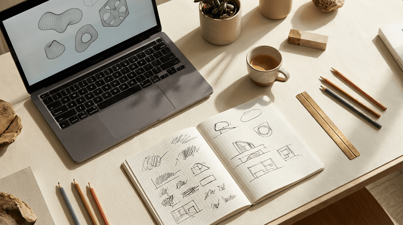 Designer's desk with sketches, a laptop showing wireframes and an espresso — where FooTecs projects start