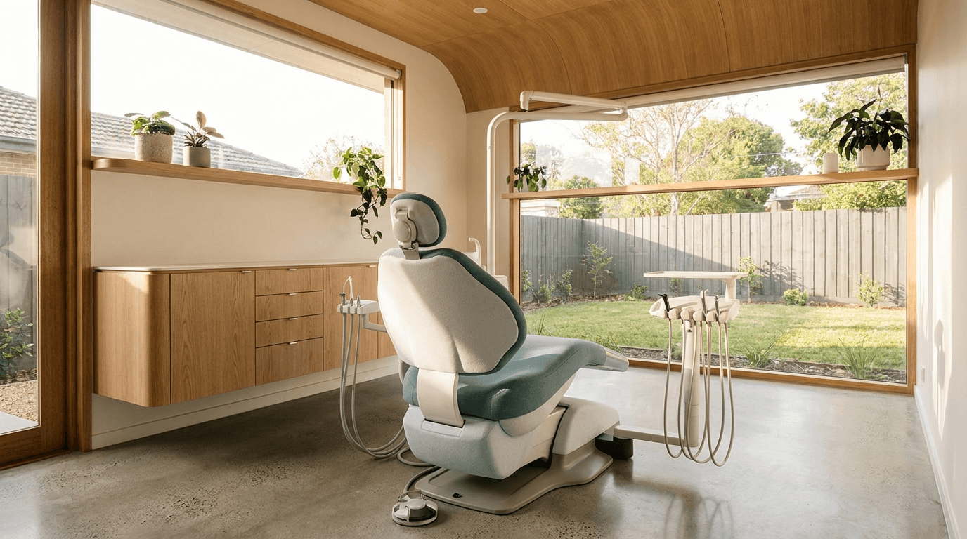 Modern dental operatory with a sculptural chair, warm wood and garden views