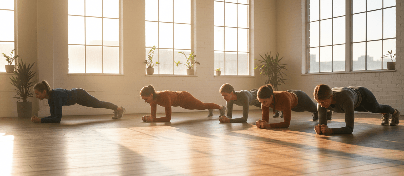 Small group fitness class holding a plank in a sunlit boutique studio with wood floors