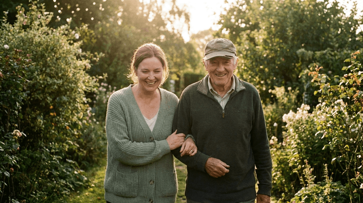 Caregiver walking arm in arm with a smiling elderly man through a sunlit garden