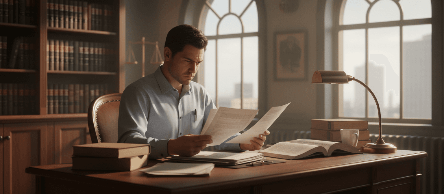 Attorney reviewing printed documents at a walnut desk beside tall windows in a small law office