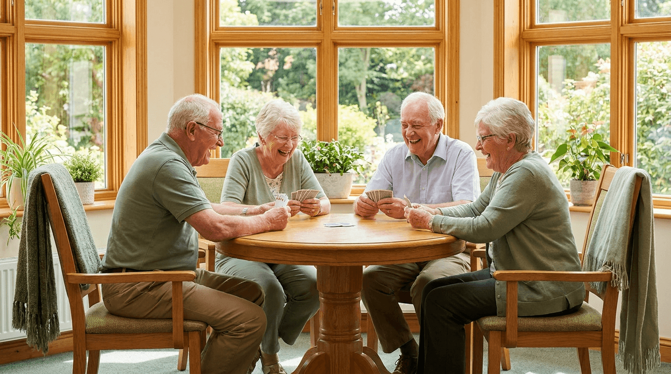 Four seniors laughing over a card game in a bright assisted-living lounge