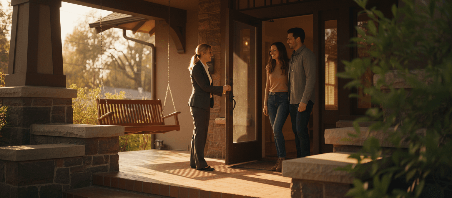 Real estate agent welcoming a young couple at the front door of a craftsman home at golden hour