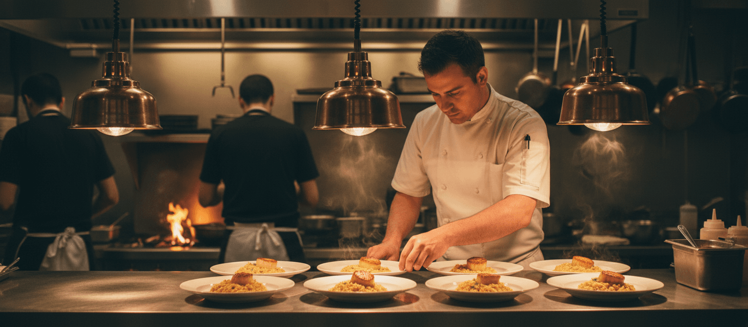 Chef plating dishes at the pass of a warm neighborhood bistro kitchen under brass pendant lights