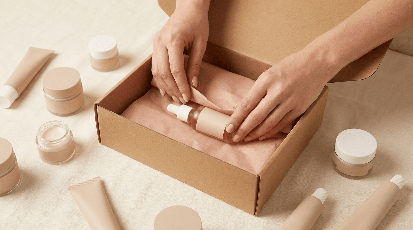 Hands wrapping a skincare product in blush tissue paper inside a shipping box