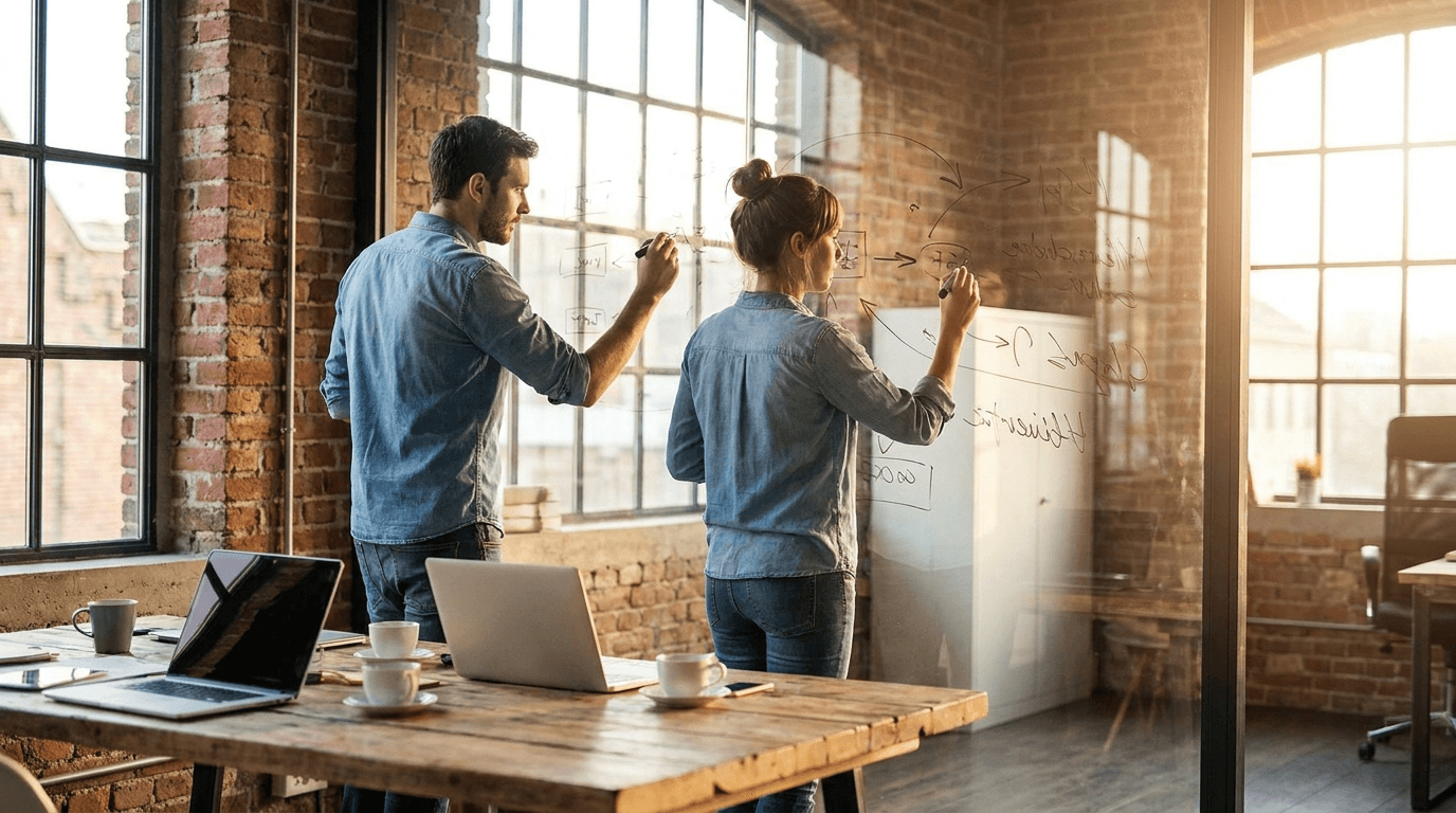 Two startup founders sketching a product flow on a glass wall in a loft office