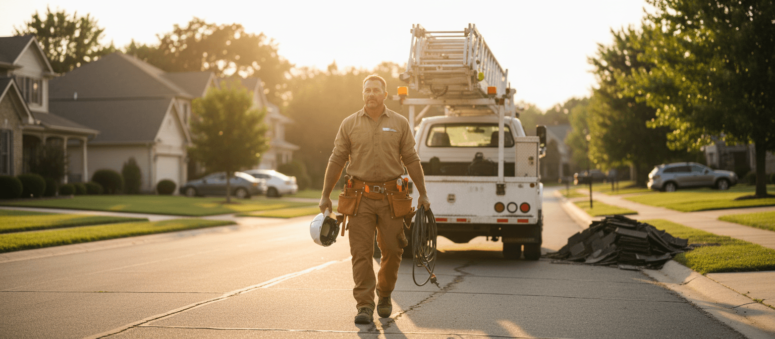 Roofing contractor in work gear walking from his ladder truck through a neighborhood at golden hour