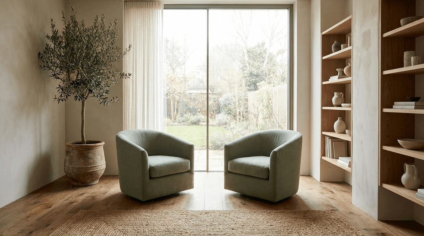 Serene therapy office with two sage-green armchairs by a garden window