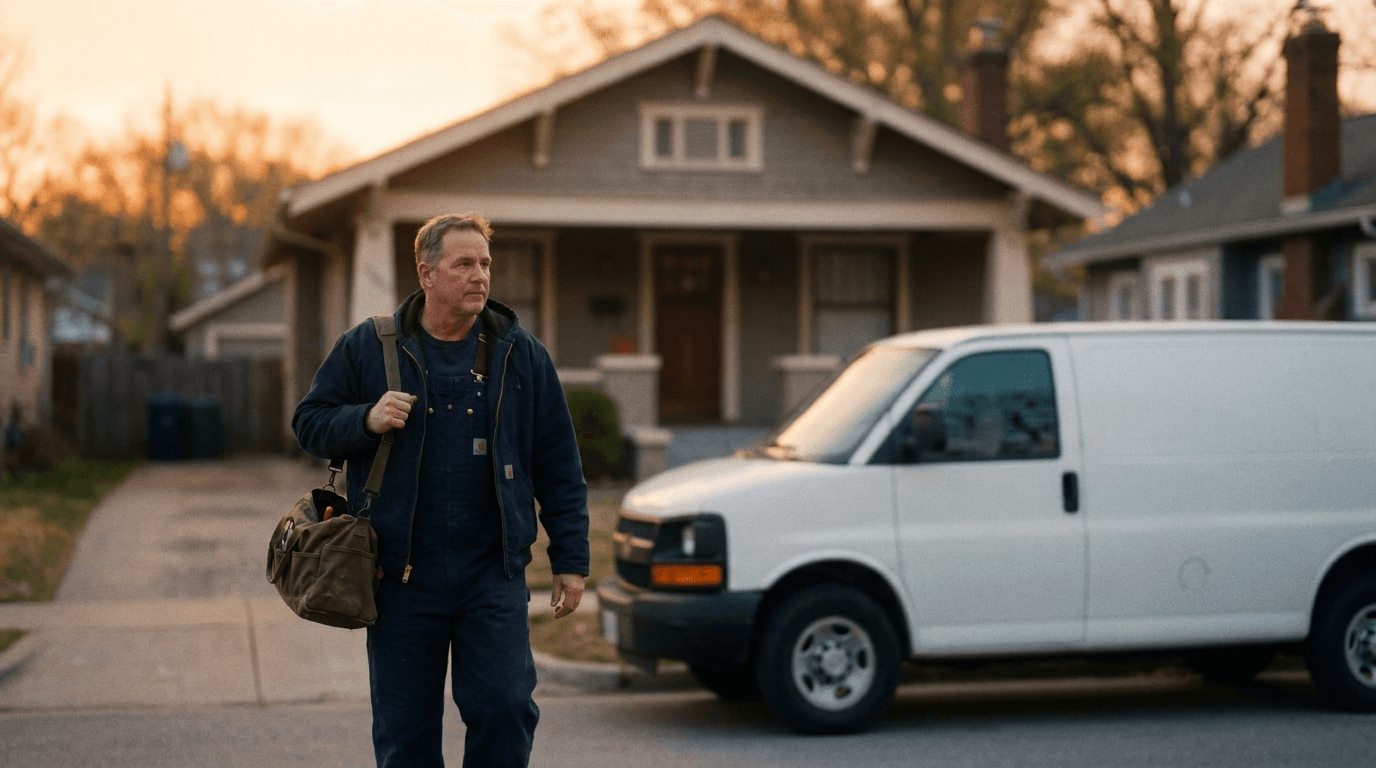 Plumber in navy workwear carrying a tool bag from his work van at golden hour